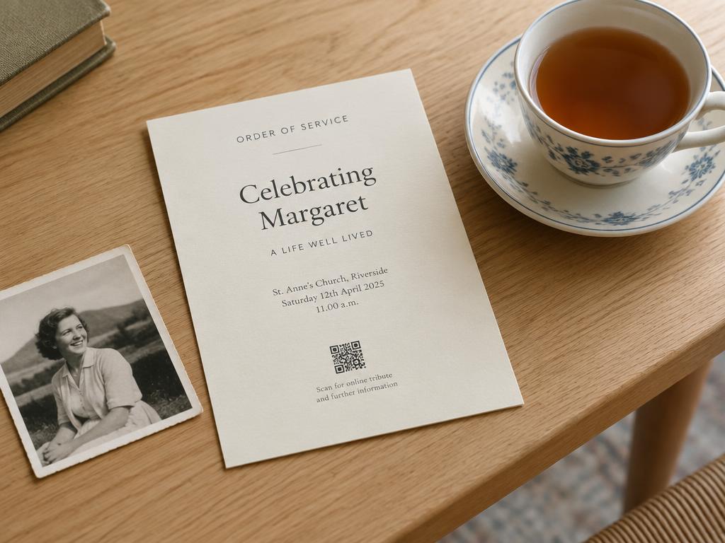An order of service with a QR code beside an old photograph and a cup of tea